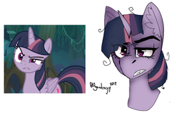 Size: 851x580 | Tagged: safe, artist:itzdatag0ndray, mean twilight sparkle, alicorn, pony, g4, the mean 6, angry, bust, clone, ear fluff, female, mare, messy mane, raised eyebrow, scene interpretation, simple background, solo