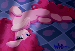Size: 2240x1527 | Tagged: safe, artist:wildviolet-m, pinkie pie, earth pony, pony, g4, behaving like a cat, female, looking at you, mare, on back, solo
