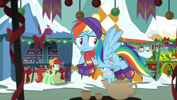 Size: 1280x720 | Tagged: safe, screencap, candy apples, linky, rainbow dash, shoeshine, earth pony, pegasus, pony, g4, my little pony best gift ever, apple family member, bow, clothes, earmuffs, female, flying, hair bow, hat, mare, market, pigtails, scarf, snow, winter outfit