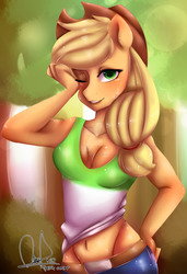 Size: 1600x2333 | Tagged: safe, artist:paintcoloryt, applejack, earth pony, anthro, g4, belly button, belt, blushing, breasts, clothes, deviantart watermark, female, hand on hip, hat, looking at you, midriff, obtrusive watermark, one eye closed, pants, shirt, signature, smiling, solo, sweat, tree, watermark