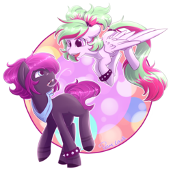 Size: 1600x1599 | Tagged: safe, artist:paintcoloryt, oc, oc only, oc:ivory night, unnamed oc, earth pony, pegasus, pony, cigarette, cute, duo, female, looking at each other, mare, signature, simple background, smoking, transparent background, wristband