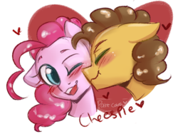 Size: 1280x960 | Tagged: safe, artist:paintcoloryt, cheese sandwich, pinkie pie, pony, g4, blushing, cheek kiss, duo, eyes closed, female, kissing, male, mare, one eye closed, open mouth, ship:cheesepie, shipping, signature, simple background, stallion, straight, transparent background