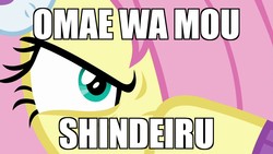 Size: 1280x720 | Tagged: safe, edit, edited screencap, screencap, fluttershy, pony, best gift ever, g4, angry, badass, death stare, female, flutterbadass, hokuto no ken, imminent death, japanese, kenshiro, mane, meme, nani, omae wa mou shindeiru, parody, reference, solo, this will end in death, you are already dead