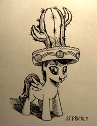 Size: 923x1200 | Tagged: safe, artist:sa1ntmax, scootaloo, pegasus, pony, g4, cactus, cactus hat, female, filly, hat, inktober, inktober 2018, monochrome, solo