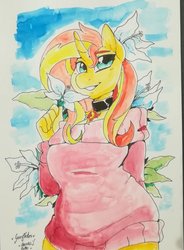 Size: 669x908 | Tagged: safe, artist:arnachy, sunset shimmer, unicorn, anthro, g4, choker, clothes, commission, female, flower, flower in hair, hand behind back, looking at you, mare, smiling, solo, traditional art, watercolor painting