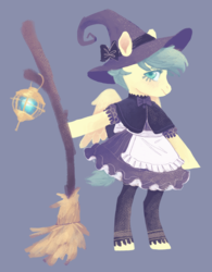 Size: 1156x1481 | Tagged: safe, artist:amphoera, oc, oc only, oc:venti via, pegasus, pony, semi-anthro, apron, arm hooves, blue background, broom, clothes, dress, hat, lineless, simple background, solo, witch, witch hat