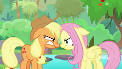 Size: 1920x1080 | Tagged: safe, screencap, applejack, fluttershy, earth pony, pegasus, pony, sounds of silence, angry, boop, duo, female, floppy ears, gritted teeth, mare, nose to nose, nose wrinkle, noseboop