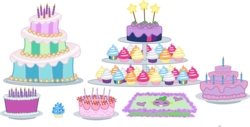 Size: 2945x1500 | Tagged: safe, artist:phucknuckl, apple bloom, applejack, fluttershy, pinkie pie, princess celestia, rainbow dash, rarity, scootaloo, spike, sweetie belle, twilight sparkle, g4, birthday cake, cake, candle, cupcake, cutie mark crusaders, food, gem, mane seven, mane six, no pony, sapphire, sapphire cupcake, simple background, transparent background, vector