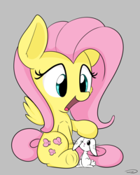 Size: 2362x2947 | Tagged: safe, artist:taurson, angel bunny, fluttershy, pegasus, pony, g4, chibi, cute, duo, female, gray background, high res, mare, open mouth, petting, shyabetes, simple background, sitting, smiling, wings