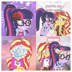 Size: 1080x1080 | Tagged: safe, artist:wtfdashie, sci-twi, sunset shimmer, twilight sparkle, equestria girls, g4, my little pony equestria girls: legend of everfree, blushing, camp everfree outfits, collage, cute, female, floral head wreath, flower, flower in hair, lesbian, ship:sci-twishimmer, ship:sunsetsparkle, shipping, twiabetes