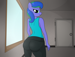 Size: 2681x2037 | Tagged: safe, artist:moonatik, oc, oc only, oc:felicity stars, anthro, ass, butt, clothes, commission, door, female, high res, looking at you, pants, solo, tank top, window, yoga pants