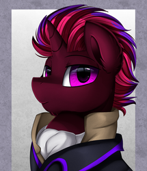 Size: 1722x2003 | Tagged: safe, artist:pridark, oc, oc only, pony, unicorn, bust, clothes, commission, facial hair, goatee, handsome, male, portrait, purple eyes, solo