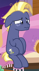 Size: 347x629 | Tagged: safe, screencap, star tracker, earth pony, pony, g4, once upon a zeppelin, cropped, cutie mark, male, sad, sitting, solo, stallion