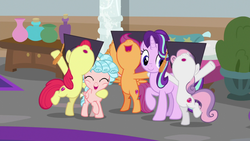 Size: 1280x720 | Tagged: safe, screencap, apple bloom, cozy glow, scootaloo, starlight glimmer, sweetie belle, earth pony, pegasus, pony, unicorn, g4, marks for effort, my little pony: friendship is magic, belly, bipedal, cutie mark crusaders, eyes closed, female, filly, mare, open mouth, smiling