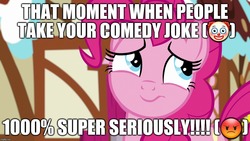 Size: 1280x720 | Tagged: safe, edit, edited screencap, editor:useraccount, screencap, pinkie pie, earth pony, pony, g4, honest apple, season 7, angry, annoyed, blue eyes, caption, clown, comedy, emoji, excessive exclamation marks, female, frown, image macro, impact font, mare, meme, pink coat, pink fur, pink hair, pink mane, pink pony, poofy hair, poofy mane, solo, text