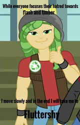 Size: 518x808 | Tagged: source needed, safe, edit, edited screencap, screencap, flash sentry, sandalwood, equestria girls, g4, my little pony equestria girls: friendship games, background pony strikes again, bracelet, clothes, cropped, cunning, english, hat, headband, image macro, implied fluttershy, implied shipping, implied straight, implied timber spruce, jewelry, male, meme, offscreen character, op is a duck, op is trying to start shit, pin, pony ears, pure unfiltered evil, recycling, right there in front of me, shirt, smiling, smirk, solo focus, t-shirt, text, vest, waifu thief, wondercolts