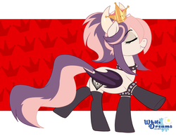 Size: 3071x2379 | Tagged: safe, artist:xwhitedreamsx, oc, oc only, oc:sweet velvet, bat pony, pony, abstract background, bat pony oc, bat wings, bowsette, bracelet, choker, clothes, crown, cute, cute little fangs, eyelashes, eyes closed, fangs, female, folded wings, high res, horns, jewelry, mare, necklace, new super mario bros. u deluxe, nintendo, power-up, regalia, smiling, socks, solo, spiked choker, spiked wristband, super crown, super mario bros., toadette, watermark, wings, wristband