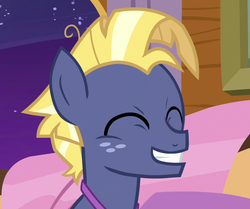 Size: 859x719 | Tagged: safe, screencap, star tracker, earth pony, pony, g4, once upon a zeppelin, cropped, cute, eyes closed, freckles, male, smiling, solo, stallion, trackerbetes
