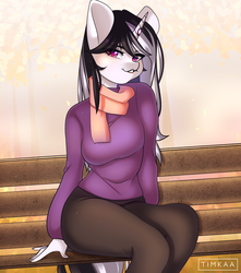 Size: 3534x4000 | Tagged: safe, artist:yuozka, oc, oc only, unicorn, anthro, anthro oc, clothes, commission, female, high res, mare, pants, scarf, shirt, signature, smiling, smirk, solo, ych result