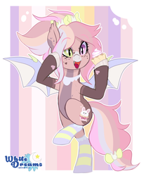 Size: 1859x2235 | Tagged: safe, artist:xwhitedreamsx, oc, oc only, oc:charity cakes, bat pony, pony, rabbit, abstract background, balancing, bat pony oc, bat wings, bipedal, bow, clothes, color outline, cupcake, cute, cute little fangs, ear tufts, fangs, female, food, freckles, hair bow, heart, heterochromia, hoof hold, hoof polish, jewelry, kidcore, mare, necklace, ponytail, rainbow, raised eyebrows, signature, socks, solo, standing, standing on one leg, striped socks, tail bow, watermark, wings