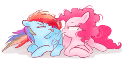 Size: 940x520 | Tagged: safe, artist:pinkablue, pinkie pie, rainbow dash, earth pony, pegasus, pony, g4, eyes closed, female, lesbian, lightly watermarked, mare, prone, raspberry, ship:pinkiedash, shipping, signature, simple background, tongue out, watermark, white background