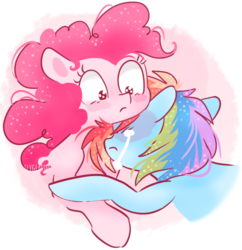 Size: 610x630 | Tagged: safe, artist:pinkablue, pinkie pie, rainbow dash, earth pony, pegasus, pony, g4, abstract background, blushing, crying, female, lesbian, lightly watermarked, mare, ship:pinkiedash, shipping, signature, teary eyes, watermark