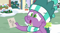 Size: 1920x1080 | Tagged: safe, screencap, spike, dragon, g4, my little pony best gift ever, christmas, christmas lights, clothes, cutie mark, hat, holiday, implied rarity, male, paper, rarity's cutie mark, scarf, shocked, snow, solo, striped scarf, winged spike, wings, winter, winter outfit