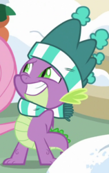 Size: 435x687 | Tagged: safe, screencap, spike, dragon, g4, my little pony best gift ever, clothes, cropped, grin, hat, male, nervous, nervous smile, offscreen character, scarf, smiling, snow, solo focus, striped scarf, winged spike, wings, winter, winter outfit