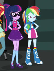 Size: 335x439 | Tagged: safe, screencap, rainbow dash, sci-twi, sunset shimmer, twilight sparkle, equestria girls, equestria girls specials, g4, movie magic, arm behind back, boots, clothes, compression shorts, cropped, duo focus, female, geode of super speed, geode of telekinesis, glasses, magical geodes, mary janes, ponytail, rainbow socks, shoes, shorts, skirt, smiling, socks, striped socks