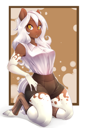 Size: 2655x3922 | Tagged: safe, artist:suelix, oc, oc only, oc:sundae, earth pony, anthro, unguligrade anthro, anthro oc, armpits, clothes, female, high res, solo, white hair