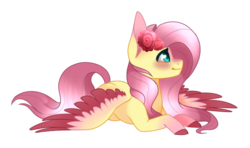 Size: 646x383 | Tagged: safe, artist:djspark3, fluttershy, pegasus, pony, g4, colored hooves, colored wings, cute, female, flower, flower in hair, lying down, mare, shyabetes, simple background, solo, transparent background, wing spreading, wings