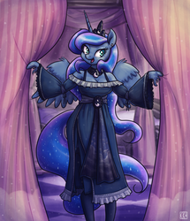 Size: 1376x1600 | Tagged: safe, artist:king-kakapo, princess luna, alicorn, anthro, unguligrade anthro, g4, arm hooves, clothes, cloven hooves, curtains, dress, female, gloves, jewelry, long gloves, looking at you, mare, multiple variants, open mouth, regalia, socks, solo, spread wings, stockings, thigh highs, unshorn fetlocks, wings