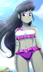 Size: 820x1360 | Tagged: safe, artist:the-butch-x, octavia melody, equestria girls, equestria girls series, x marks the spot, adorasexy, attached skirt, belly button, bikini, bikini babe, blushing, bow swimsuit, breasts, busty octavia melody, butch's paradiso, clothes, commission, crepuscular rays, cute, female, frilled swimsuit, legs, midriff, paradiso x, purple swimsuit, sexy, skirt, smiling, solo, stupid sexy octavia, swimsuit, tavibetes, thighs, tricolor swimsuit, underass, white swimsuit