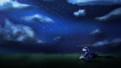 Size: 1024x576 | Tagged: safe, artist:sketchthebluepegasus, oc, oc only, pegasus, pony, grass, meteor shower, night, prone, sky, solo, stars