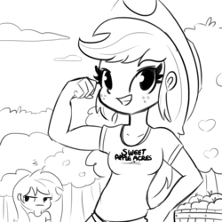 Size: 1280x1280 | Tagged: safe, artist:tjpones, applejack, rainbow dash, human, g4, apple, applejacked, clothes, cloud, duo, female, flexing, food, freckles, hat, humanized, looking at you, monochrome, muscles, shirt, smiling, smirk, tree