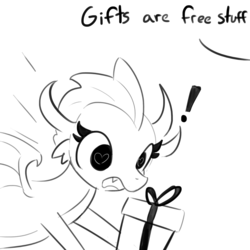 Size: 1280x1280 | Tagged: safe, artist:tjpones, smolder, dragon, g4, dialogue, dragoness, exclamation point, female, heart, heart eyes, lineart, monochrome, open mouth, present, solo, wingding eyes