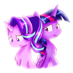 Size: 4000x4000 | Tagged: safe, artist:sugar morning, derpibooru exclusive, starlight glimmer, twilight sparkle, alicorn, pony, g4, absurd resolution, confused, doubt, simple background, sitting, twilight sparkle (alicorn), unsure, white background