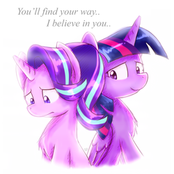 Size: 4000x4000 | Tagged: safe, artist:sugar morning, derpibooru exclusive, starlight glimmer, twilight sparkle, alicorn, pony, unicorn, g4, absurd resolution, confused, doubt, simple background, sitting, text, twilight sparkle (alicorn), unsure, white background