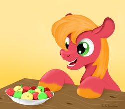 Size: 2474x2160 | Tagged: safe, artist:the-fox-experiment, big macintosh, earth pony, pony, g4, apple, food, happy, high res, male, sitting, smiling, solo, stallion, table