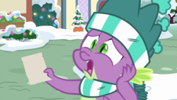 Size: 1920x1080 | Tagged: safe, edit, edited screencap, screencap, spike, dragon, best gift ever, g4, christmas, christmas lights, clothes, hat, holiday, male, paper, scarf, shocked, snow, solo, striped scarf, template, winged spike, wings, winter, winter outfit