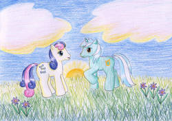 Size: 1024x720 | Tagged: safe, artist:normaleeinsane, bon bon, lyra heartstrings, sweetie drops, earth pony, pony, unicorn, g3, g4, cloud, colored pencil drawing, duo, female, flower, g4 to g3, generation leap, grass, mare, open mouth, outdoors, raised hoof, sky, standing, sun, traditional art