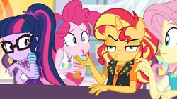 Size: 1341x755 | Tagged: safe, edit, edited screencap, screencap, fluttershy, pinkie pie, sci-twi, sunset shimmer, twilight sparkle, unicorn, anthro, pony head on human body, equestria girls, equestria girls specials, g4, my little pony equestria girls: better together, my little pony equestria girls: rollercoaster of friendship, abomination, clothes, failure, geode of empathy, geode of sugar bombs, geode of telekinesis, glasses, magical geodes, smoothie, what has magic done, what has science done