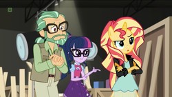Size: 1440x810 | Tagged: safe, edit, edited screencap, screencap, canter zoom, sci-twi, sunset shimmer, twilight sparkle, unicorn, anthro, pony head on human body, equestria girls, equestria girls specials, g4, my little pony equestria girls: movie magic, abomination, clothes, dress, failure, geode of telekinesis, glasses, magical geodes, studio
