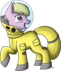 Size: 4000x4645 | Tagged: safe, artist:starlessnight22, oc, oc only, oc:puppysmiles, earth pony, pony, fallout equestria, fallout equestria: pink eyes, crossover, ear fluff, fallout, fanfic, fanfic art, female, filly, foal, hazmat suit, hooves, looking up, open mouth, radiation suit, raised hoof, simple background, solo, transparent background, vector