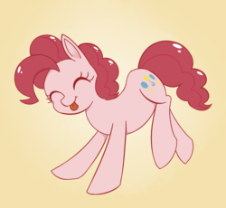 Size: 1660x1530 | Tagged: safe, artist:niteax, pinkie pie, earth pony, pony, g4, :p, cute, diapinkes, eyes closed, female, gradient background, raised leg, silly, simple background, smiling, solo, tongue out, yellow background