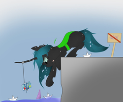 Size: 3008x2504 | Tagged: safe, artist:groomlake, queen chrysalis, twilight sparkle, changeling, changeling queen, fish, nymph, pony, g4, book, colored, cute, cutealis, female, fishing, gradient background, high res, offscreen character, origami, reaching, rope, sign, simple, solo focus, spots, tongue out