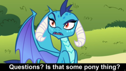 Size: 1920x1080 | Tagged: safe, edit, edited screencap, screencap, princess ember, dragon, comic:celestia's servant interview, g4, triple threat, caption, cs captions, dragoness, female, interview, raised eyebrow, solo