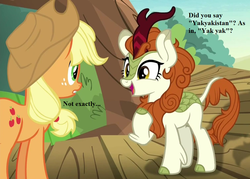 Size: 1008x720 | Tagged: safe, edit, edited screencap, editor:korora, screencap, applejack, autumn blaze, kirin, g4, sounds of silence, applejack's hat, awwtumn blaze, cowboy hat, cropped, cute, dialogue, hat, pun