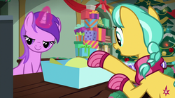 Size: 1280x720 | Tagged: safe, screencap, amethyst star, citrine spark, fire quacker, sparkler, pony, best gift ever, g4, awwmethyst star, clothes, cute, female, friendship student, lidded eyes, magic aura, mare, present, quackerdorable, scarf, striped scarf, winter outfit
