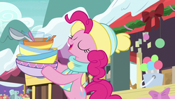Size: 1280x720 | Tagged: safe, screencap, pinkie pie, earth pony, pony, best gift ever, g4, bowl, clothes, eyes closed, female, hat, hoof hold, mare, scarf, snow, solo, winter outfit
